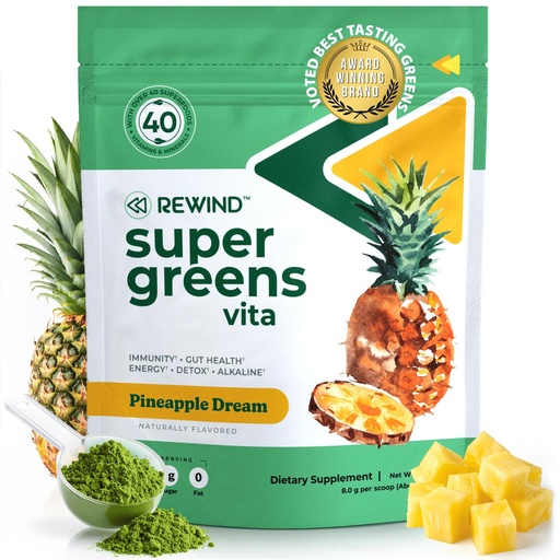 [BRSROGQLBYPGE2TB] Rewind Best Tasting Super Greens Powder with 40+ Superfoods – Delicious Daily Green Powder with Vitamin B12, Zinc, Vitamin C, Magnesium & Calcium – Green Juice Superfood Mix - Pineapple Flavor