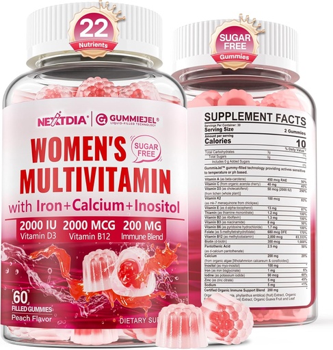 [BRSROEIDOF6Q23IZ] Multivitamina metilada para gomas femininas, cálcio, D3 K2, metilfolato e B12, Inositol, Vitamina A diária, C, E, Complexo B, Biotina, Ferro - Energia, Imune, Osso, Pele, Cabelo - Vegan, Açúcar Livre, 60 Contagem