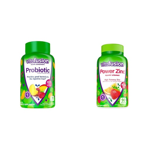 [BRSRAYY3OANBUG3X] Vitafusion Probiotic Gummy Supplements, Raspberry, Peach and Mango Flavors, 35 Day Supply, 70 Count Power Zinc Gummy Vitamins, Strawberry Tangerine Flavored, 90 Count