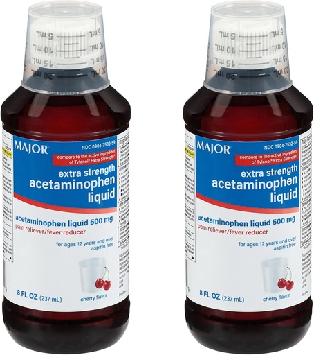 [BRSWKHQECMABOGQZ] MAJOR 성인 여분 힘 액체 Acetaminophen 500mg - 고통을 구호하고 Fevers를 감소시키는 도움 - Aspirin 자유로운 - 버찌 풍미 - 8개 Fl Oz (2 팩)