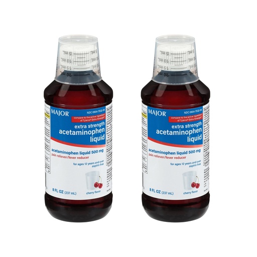 [BRSWKHQECMABOGQZ] MAJOR Adult Extra Strength Liquid Acetaminophen 500mg - Helps Relieve Pain and Reduce Fevers - Aspirin Free - Cherry Flavor - 8 Fl Oz (2 Pack)