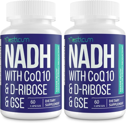 [BRSRMHAHBUAWKFI4] NADH 50mg + CoQ10 200mg + D-Ribose 150mg Supplement, Boosting NAD+ Supplements for Immune System, Cellular Energy, Focus, Reduced Nicotinamide Adenine Dinucleotide, 120 Veggie Capsules