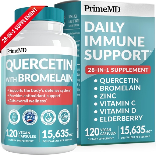 [BRSROAL7B4FGOE32] 28-in-1 Quercetin with Bromelain Supplement for Daily Immune Defense Support - Quercetin with Vitamin C and Zinc for Adults Enriched with Vitamin D and Elderberry (120ct)