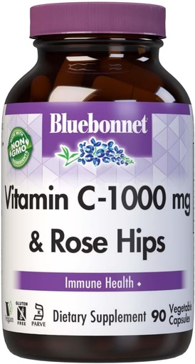 [BRSWIYYOBICBK2DO] Bluebonnet Nutrition Vitamine C-1000 mg Plus Rose HIPS Capules végétales, pour la santé immunitaire, pour la protection antioxydante, sans soja, sans gluten, sans OGM, sans cacher, sans lait, végétalien, 90 Compte