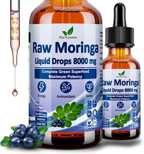 [BRSRABT5OV4GM2D5] Raw Moringa Liquid Drops 8000 mg, Organic Moringa Oleifera Leaf Extract w. Supergreens Blend of Wheatgrass, Barley Grass for Antioxidant, Energy & Immune, High Potency Than Capsules Powder