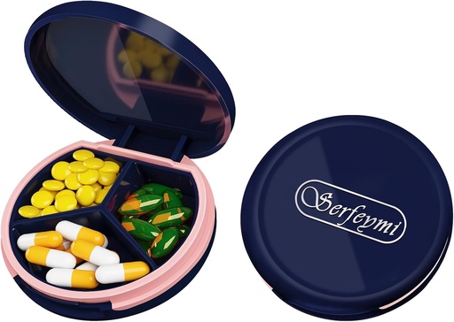 [BRSRMFAPO5YQ2HL4] Serfeymi Small Pill Box - 3 Compartments Portable Pill Box for Purse Pocket, Compact Mini Travel Pill Case - Suitable for Medicine, Vitamin, Fish Oil, Supplements - Dark Blue(Logo)