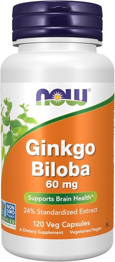 [BRSWIY32BQNBSCL2] Now Foods Supplements, Ginkgo Biloba 60 mg, 24% Extrato padronizado, Projeto não-GMO Verificado, 120 Cápsulas Veg