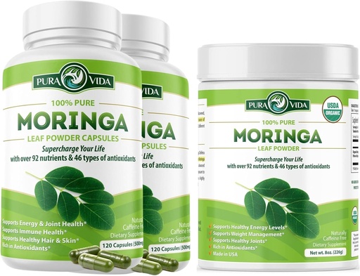 [BRSROZIDDEARAF3B] Moringa Capsules 120ct. 500mg Caps. (Pack de 2) et Moringa Poudre 8 oz.