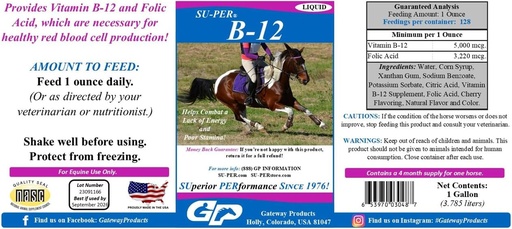 [BRSROHQOBMHQGE3F] SU-PER B-12 Energy Horse Supplement - Equine Vitamins B-12 & B-9 Folic Acid Support Liquid - Red Blood Cell Production " Stamina Support for Peak Performance - Gallon, 4 Month Supply (120 Days)