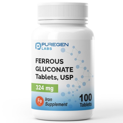 [BRSROGQHOUFWAH33] Puregen Labs Ferrous Gluconate 324 mg [High Potency] Iron Supplement, Gentle on Stomach - 100 Tablets