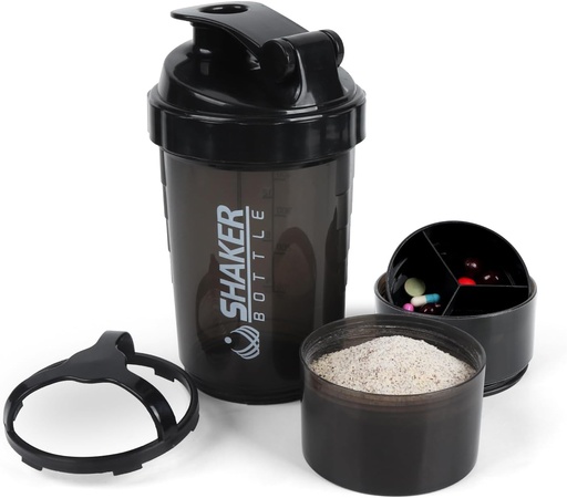[BRSROFDYAUHGGAY3] Shaker Bottle - Protein Shaker Cup with Storage Compartments - Leak-proof Workout Shake Bottles with Mixer for Smooth Mixing-500ML/16oz (PURE BLACK)