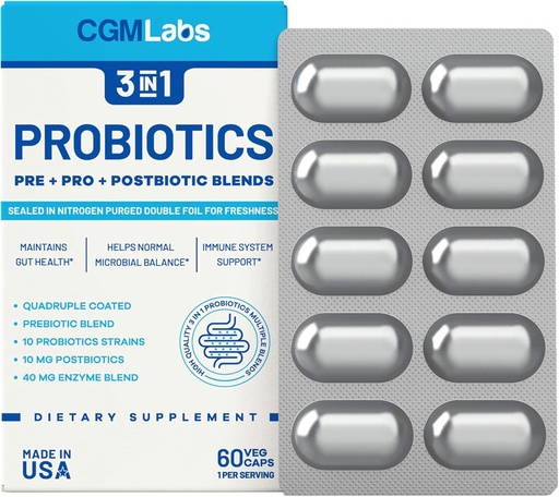 [BRSRMBQLOQDRG2T2] Probiotics 3 in 1 - Prebiotics + Probiotics + Postbiotics All in one! Nitrogen Purged, Individually Packed in Double-foil Blister for Freshness - 60 Veg caps by CGM Labs