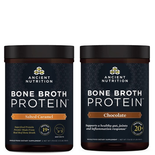 [BRSRMEAQOJYBSYDB] Ancient Nutrition Bone Broth Protein Powder, Salted Caramel, 20 Servings + Bone Broth Protein Powder, Chocolate, 20 Servings
