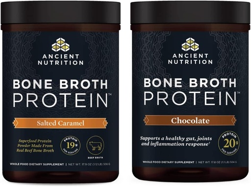 [BRSRMEAQOJYBSYDB] Ancient Nutrition Bone Broth Protein Powder, Salted Caramel, 20 porcións + Bone Broth Protein Powder, Chocolate, 20 porcións