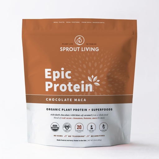 [BRSWKHYTBNYBE3TI] Sprout Living Epic Protein, Plant Based Protein " Superfoods Powder, Chocolate Maca Powder ) 20 Grams Organic Protein Powder, Vegan, Non-Dairy, Non-GMO, Gluten Free, Low Sugar (5 Pound, 60 Servings)