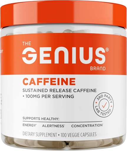 [BRSWKGY3AUIWAF3U] Genius Caffeine - Trvalá-Release Microkapsulated Caffeine Pills pre hladkú, s dlhým lemovaním energie a zameranie - žiadne nervy alebo Crash - 100 mg na kapsule - 100 Servírovanie - Natural Performance Booster
