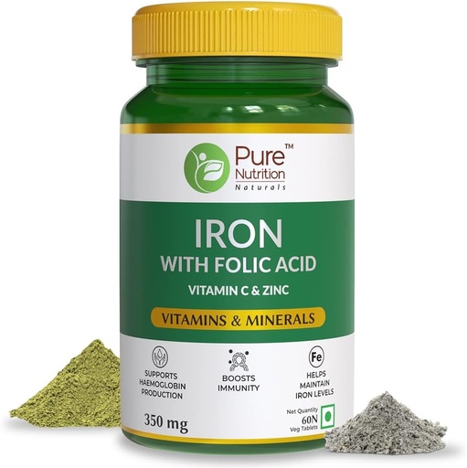 [BRSROAY7BABRODT3] Naturals Iron with Folic Acid, Zinc, Vitamin C & Vitamin B12 for Support Haemoglobin Production, Boost Immunity & Maintain Iron Level - 60 Veg Tablets