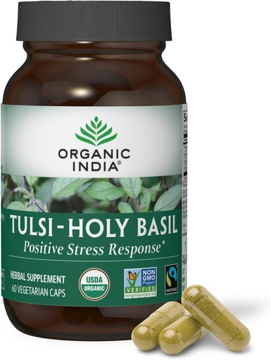 [BRSROAITPMPBG33H] ORGANIC INDIA Tulsi Holy Basil Capsules - Holy Basil Extract - Holy Basil Leaf Supplement, Herbal Supplement, Immune Support, Stress Relief, Vegan, Gluten-Free, Kosher, Organic, Non-GMO - 60 Capsules