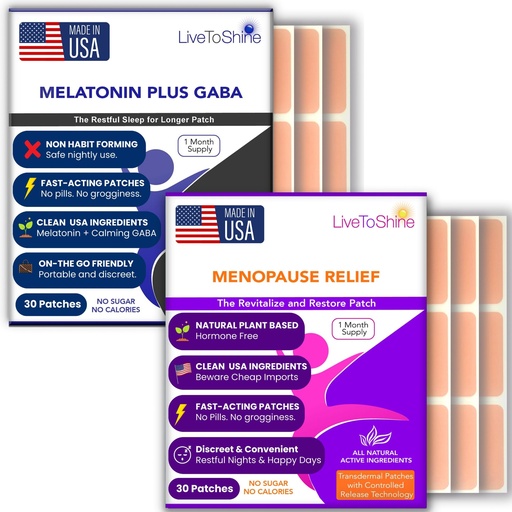 [BRSROGALCMCAM3L3] Menopause Relief and Melatonin Sleep Patch Bundle - 2 Packs - Hot Flashes, Night Sweats, Mood Swings Relief Plus Restful Sleep Patches - 30 Day Supply Per Pack (60 Patches) - USA Made by Live To Shine