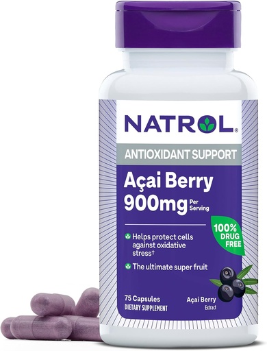 [BRSWIYQ2BMOBW2YZ] Natrol Acai Berry 900 mg na serwowanie, Suplement diety do wsparcia przeciwutleniaczy, 75 kapsułek, 37 Day Supply