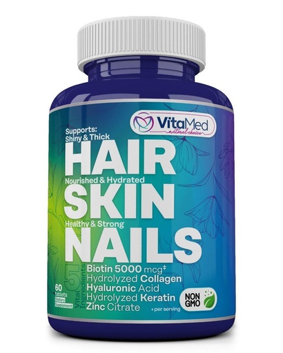 [BRSWYFIZO56WM332] VitaMed Hair Skin and Nails Vitamins – Biotin 5000mcg, Collagen, Hyaluronic Acid – Supports Hair Growth, Strong Nails & Glowing Skin – Keratin, Vitamins C, E, B6 – 60 Tablets (3-Pack Available)