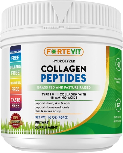 [BRSWYYIYC4GWYHTB] FORTEVIT Collagen Peptides Порошок для жінок та чоловіків - Гідролізований тип I & III - Boosts Skin Elasticity, Волосся та сила нігтів, Joint Support - Unflavored, Grass‐Fed, Non‐GMO, Keto & Палео - 16 oz Jar