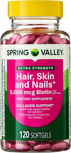 [BRSRMBL6BZ7QY233] Spring Valley Extra Strength Hair, Skin, & Nails Collagen Support Softgels, 5000 mcg Biotin, 120 Count, Biotin for Hair Nail Skin Support, Vitamins for Women