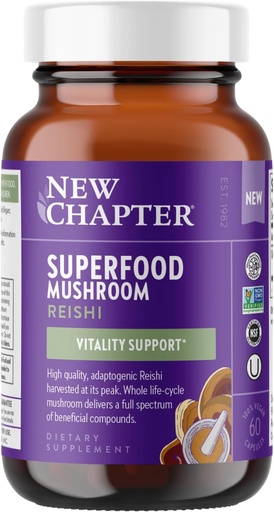 [BRSRAAY7BF6QO23U] New Chapter Superfood Reishi Mushroom Capsules – Certified Organic USA-Grown 100% Vegan Mushroom Supplement for Vitality Support* Non-GMO, Certified Gluten Free, 60 ct