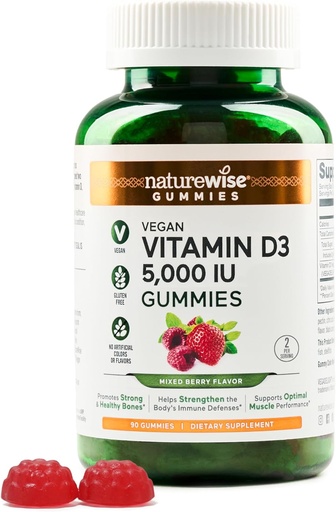 [BRSROAAKOEARQALH] NatureWise Vitamin D3 5000 IU Gummies - Mixed Berry Flavor - Vegan D from Lichen, Pectin Based, Immune Support for Adults, Muscle & Bone Strength - Gluten Free, Non-GMO - 90 Count[45-Day Supply]