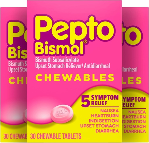 [BRSRM2YYDIOW2D3P] Comprimidos mastigáveis de Pepto Bismol para Náusea, Azia, Indigestão, Estômago e Diarréia Alívio, Sabor Original, 90 Total (3 embalagens de 30)