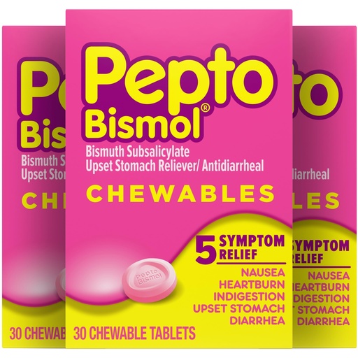 [BRSRM2YYDIOW2D3P] Pepto Bismol Chewable Tablets, Upset Stomach Relief, Nausea Relief, Heartburn Relief, Indigestion Relief, Anti Diarrhea Medication for Adults - 5 Symptom Relief, 90 Chewable Tablets (3x30 ct)