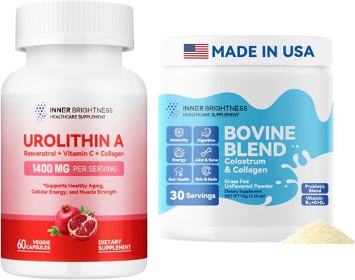 [BRSRAAADOENBOD3H] Urolithin A Supplement 1000 MG for Muscle Strength + Bovine Colostrum & Collagen Powder for Gut Health, Immune Support, Hair Growth & Beauty Supplement