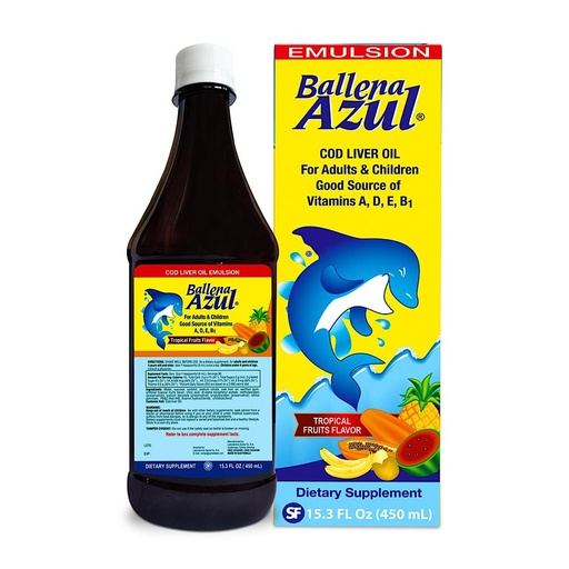 [BRSRMEIYC4PBUCTB] Ballena Azul Aceite de Hígado de Bacalao para Adultos y Niños, COD Liver Oil for Adults and Children, Good Source of Vitamins, Dietary Supplement, Omega 3 (Tropical Fruits 15 OZ)