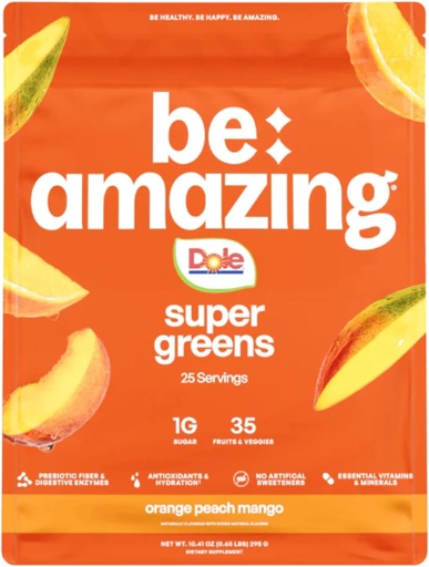 [BRSROBADAUMA2F3L] BE AMAZING Super Greens Powder with Prebiotics, Digestive Enzymes & Antioxidants, 35 Fruits & Veggies, Electrolytes & Fiber, Vegan, Gluten Free Juice & Smoothie Mix, Dole Orange Peach Mango, 25 Serv