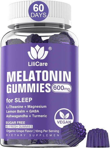 [BRSWYCQLAUGROF3G] Melatonin Gummies 10mg 20mg для дорослих, додаткова міцність з L-Theanine, Ashwagandha, Magnesium, Турмерик, GABA, Lemon Balm і Chamomile для підтримки здоров'я циркадій Rhythm, Vegan Grape Flavor