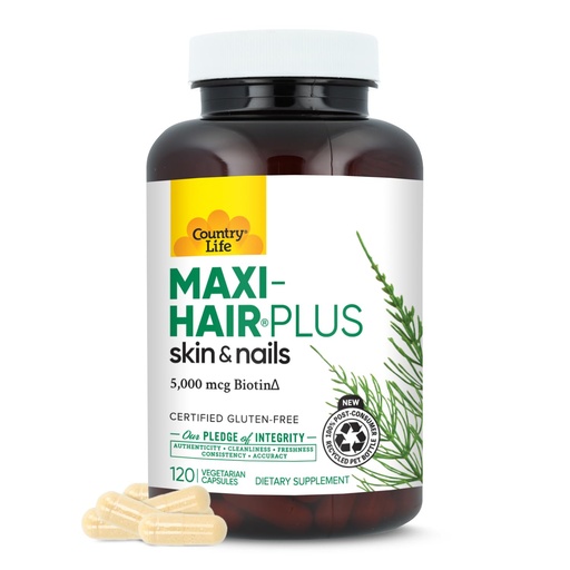 [BRSWIZIBCQBR2DTM] Country Life, Maxi-Hair Plus Biotin, Supports Healthy Hair, Skin and Nails, Daily Supplement, 120 ct