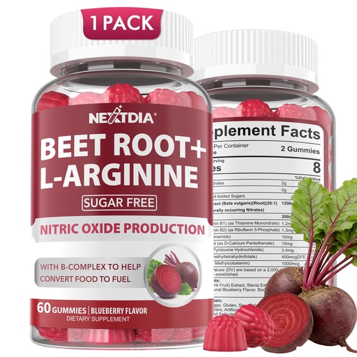 [BRSRAGQROIPWGAY4] Beet Root Gummies, Beetroot & L-Arginine, Red Beets Supplements w/ Vitamin B1, B2, B3, B5, B6, Folate, B12 for Energy Boost & Circulation Support, Sugar Free Nitric Oxide Gummies, 60 Beet Chews