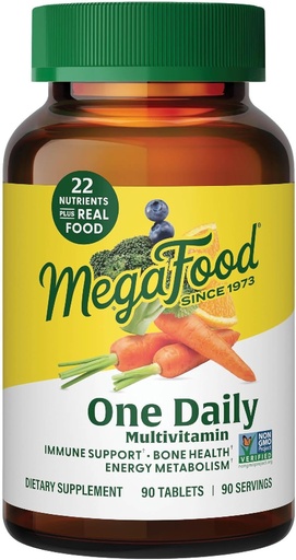 [BRSWIYYIAR7WG3DG] MegaFood One Multivitamine quotidienne - Multivitamine pour les femmes et les hommes - avec des aliments réels - Supplément de soutien immunitaire - Vitamine C et vitamine B - Santé des os - Métabolisme énergétique - Végétarien, non-OGM - 90 onglets