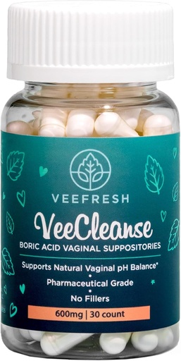 [BRSWGFAFBUFBUF3F] VeeFresh - VeeCleanse Boric Acid Vaginal Suppositories - Vaginal pH Balance Suppositorios - Control de olores vaginales - Siéntete fresco, femenino y con confianza