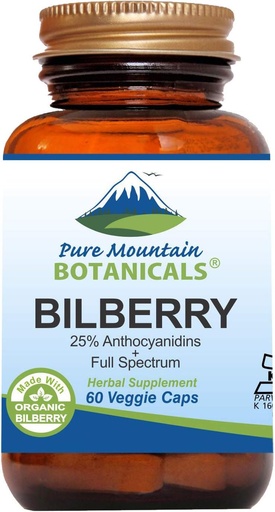 [BRSWIAIFC4JRMFLY] Pure Mountain Botanicals Bilberry Extract Appliment Vegen Kosher капсули с 250mg Organic Bilberry Leaf & 50mg Potent Extract of Billberries