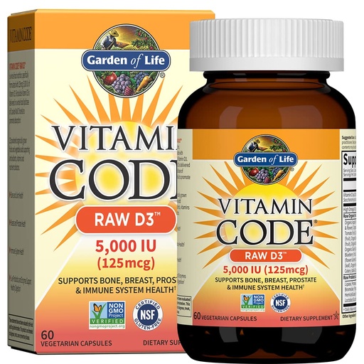 [BRSWIZYDAIOWO2AV] Garden of Life Vitamin D3 5000 IU, Raw Whole Food Supplements with Chlorella, Fruit, Veggies & Probiotics for Bone & Immune Health, 60 Vegetarian Capsules