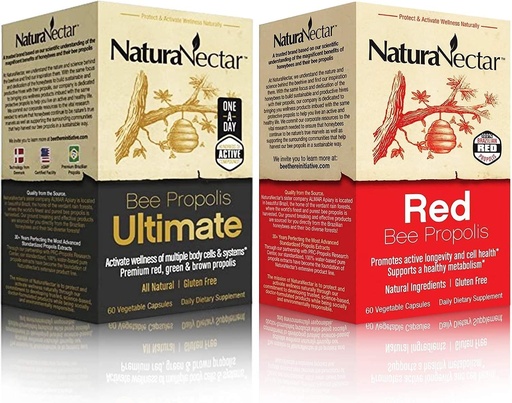 [BRSWYCQTCIBGGCTJ] NaturaNectar Natural Bee Propolis Bundle - Bee Propolis Ultimate and Red Propolis - for Immune and Respiratory Support, and a Healthy Metabolism - 60 Capsules per Bottle