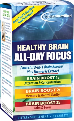 [BRSWIZQOONYWGEDA] Applied Nutrition Healthy Brain All-Day Focus - 50 Tablets - Powerful 3-in-1 Brain Booster with Turmeric Extract - 25 Servings