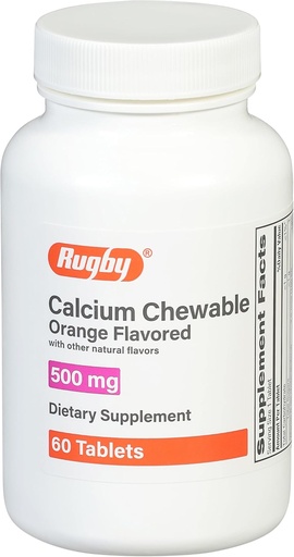 [BRSRMZQROAOQ4YD5] Rugby 500mg Calcium Chewable Tablets - Dietary Supplement - Orange Flavored - 60 Count (1 Pack)