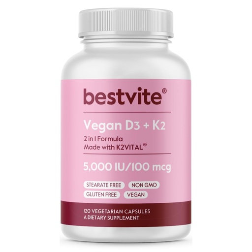 [BRSRMCY5BEPGEF3V] BESTVITE Vegan Vitamin D3 5000 IU + Vitamin K2 100 mcg as MK-7 (120 Vegetarian Capsules) - No Stearates - Vegan - Non GMO - Gluten Free