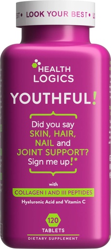 [BRSWY2Y5PN5REA3D] Health Logics Youthful Collagen 6,000 mg | Collagen Peptides Types 1 and 3 with Hyaluronic Acid and Vitamin C | Anti-Aging Collagen for Healthy Joints & Skin | 120 Collagen Tablets
