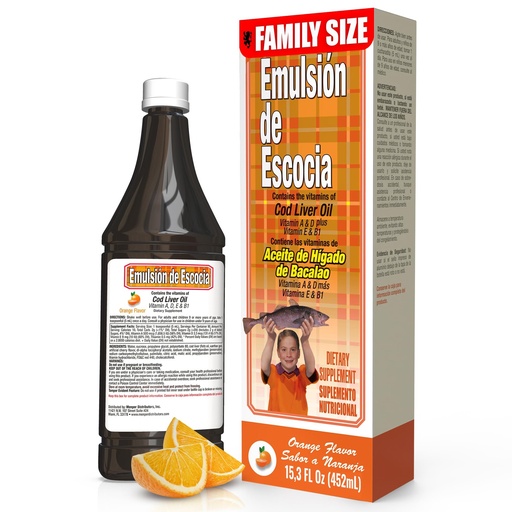 [BRSWIYIDCZ5QKFLC] Emulsion de Escocia, Cod Liver Oil, Helps Enhance Your Children Immune System, Vitamins A, and D, Vitamins E and B1, Orange Flavor, 15.3 FL Oz, Bottles