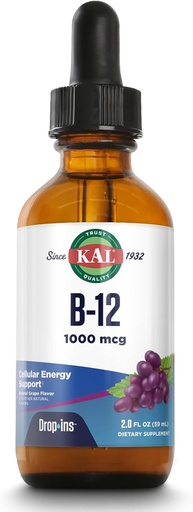 [BRSWKGQ5BYBBW2LA] KAL B12 1000 мкг DropIns, высокоабсорбционный жидкий витамин B12, здоровые энергетические добавки для метаболизма, здоровье сердца, нерв, поддержка красных кровяных клеток, естественный виноградный аромат B12 Drops, 196 сервизов, 2oz
