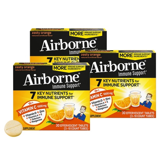 [BRSRMBQHCQOQ4F3O] Airborne 1000mg Vitamin C + Zinc Sugar Free Multivitamin Immune Support Effervescent Fizzy Drink Tablets, Zesty Orange Flavor with Powerful Antioxidants Vitamins A C & E, 30 Tablets (3 Pack)