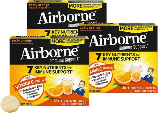 [BRSRMBQHCQOQ4F3O] Airborne 1000mg bitamina C + Zinc Sugar Free Multivitamin Immune Support Effervescent Fizzy Drink Tablets, Zesty Orange Flavor antioxidatzaile indartsuekin A C eta E, 30 Tablet (3 Pack)